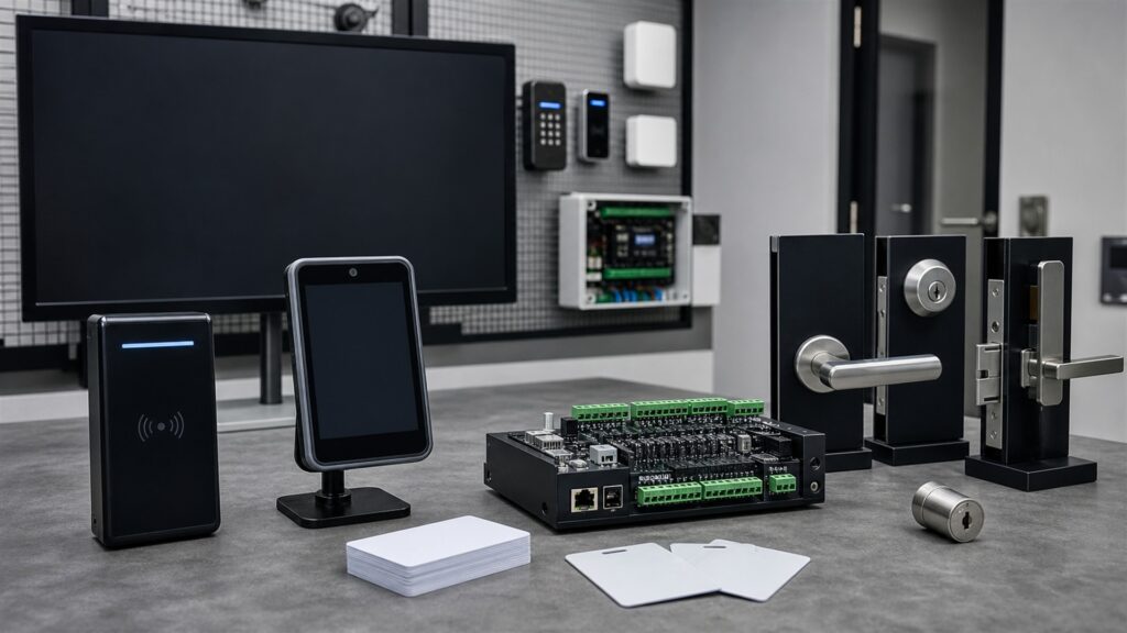 unbranded electronic door reader, access controller, electric strike hardware, plain badges, and clean wiring in a modern office entry for a access management buying decision