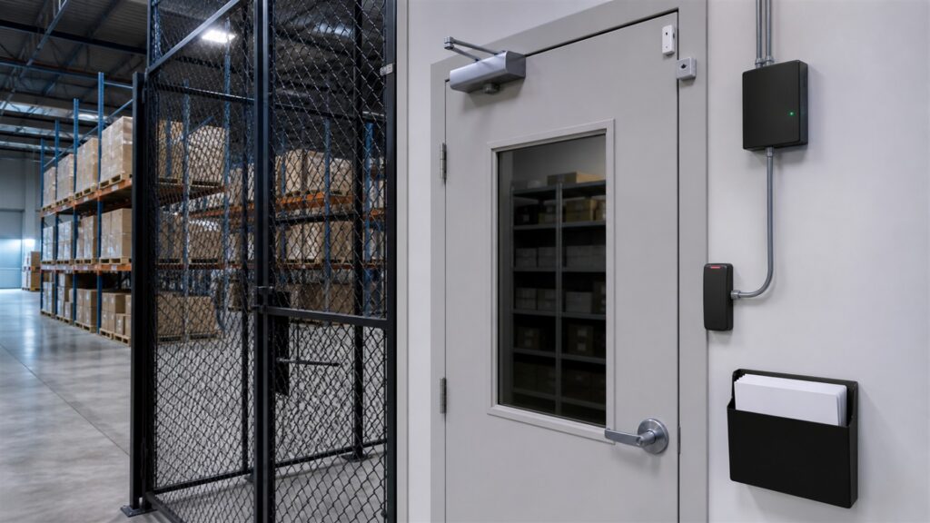 unbranded electronic door reader, access controller, electric strike hardware, plain badges, and clean wiring in a modern office entry for a inventory protection buying decision