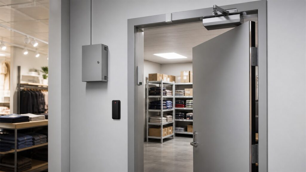unbranded electronic door reader, access controller, electric strike hardware, plain badges, and clean wiring in a modern office entry for a retail stores buying decision