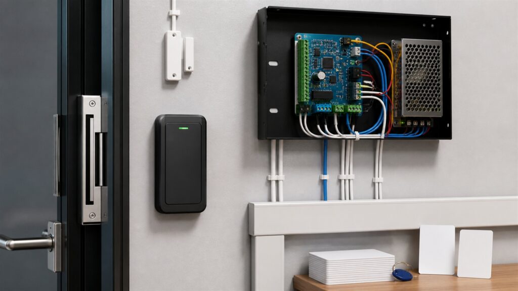 unbranded electronic door reader, access controller, electric strike hardware, plain badges, and clean wiring in a modern office entry for a general selection buying decision