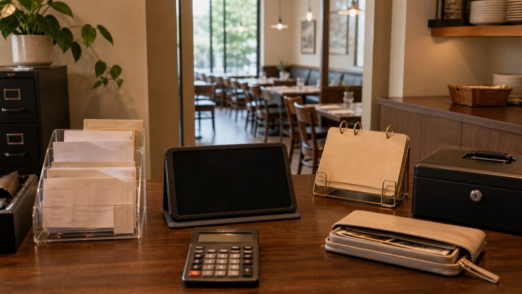 unbranded accounting workspace with calculator, organized financial documents, blank laptop screen, receipt scanner, and secure file trays for a local businesses buying decision