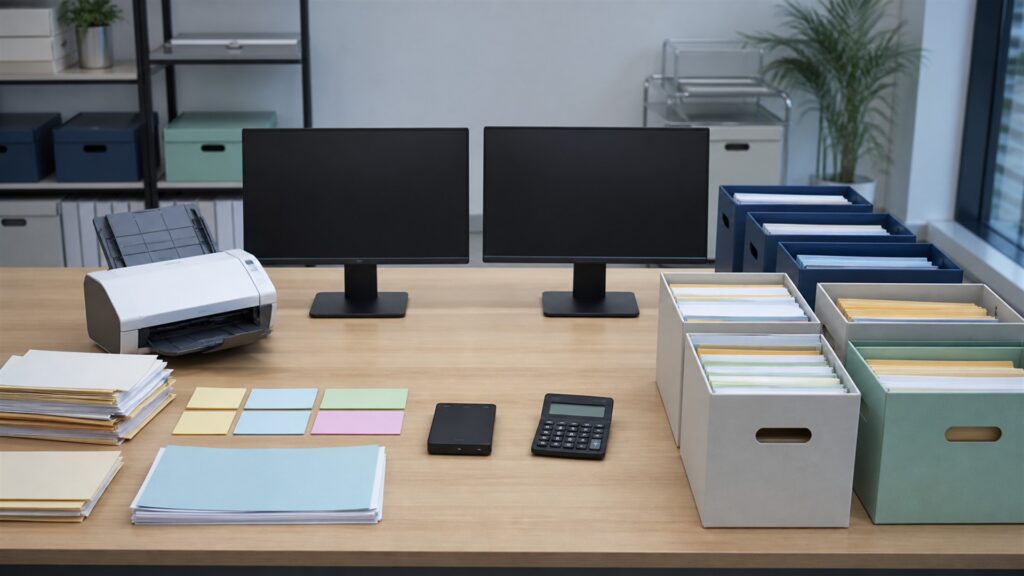 unbranded accounting workspace with calculator, organized financial documents, blank laptop screen, receipt scanner, and secure file trays for a specialized projects buying decision