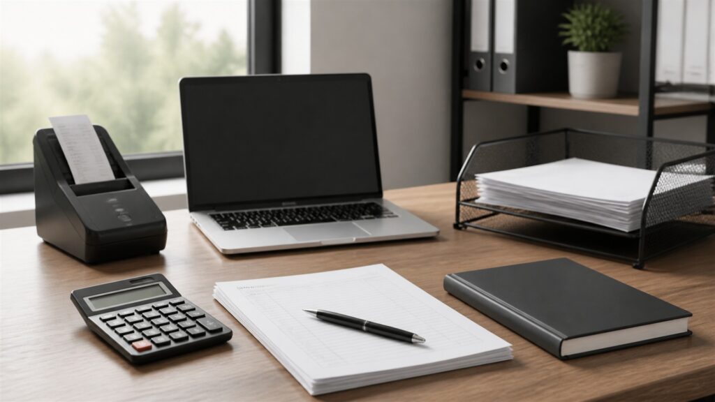 unbranded accounting workspace with calculator, organized financial documents, blank laptop screen, receipt scanner, and secure file trays for a general selection buying decision