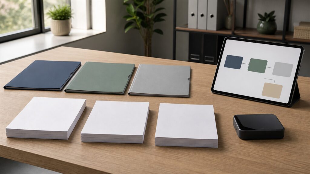 finance manager and business owner reviewing unbranded ledgers and reconciliation materials for a client billing buying decision
