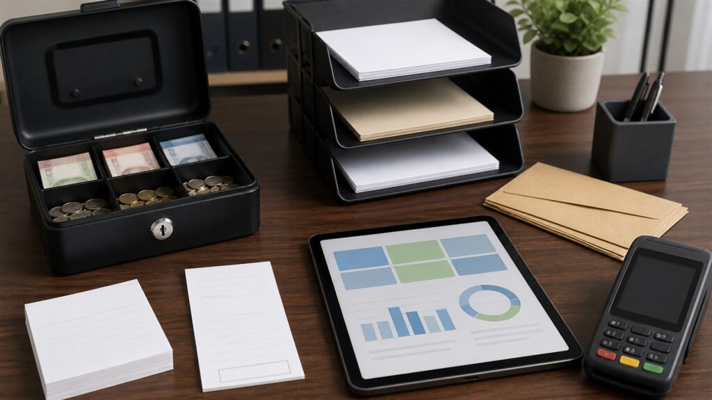 finance manager and business owner reviewing unbranded ledgers and reconciliation materials for a small businesses buying decision
