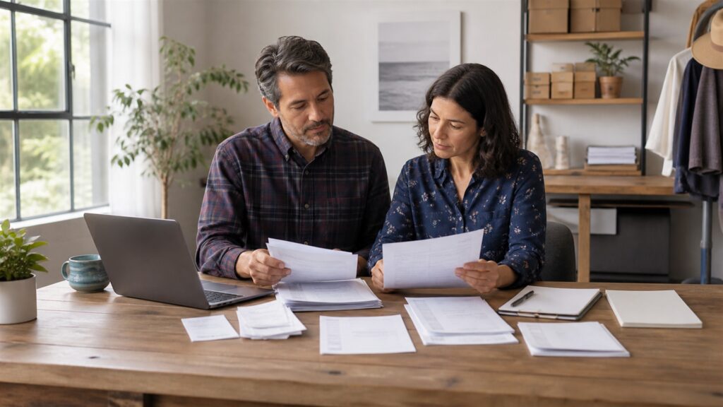 small business owners reviewing organized bookkeeping records together in a neighborhood studio