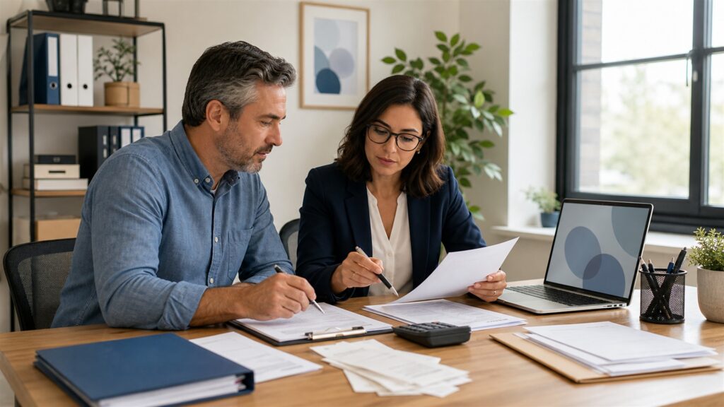 small business owner and accounting professional reviewing organized financial records at a desk