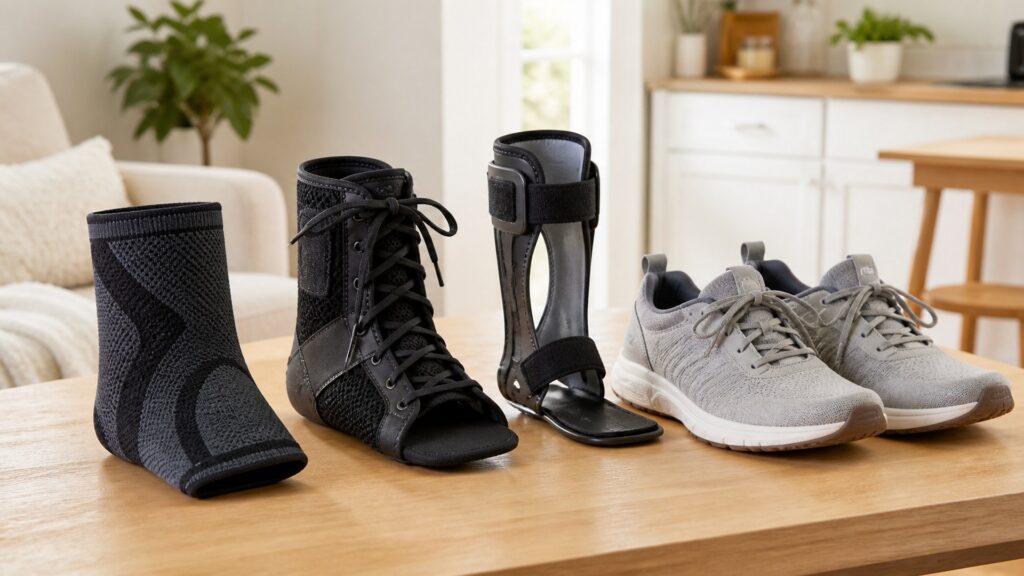 Unbranded ankle braces arranged to compare strap routing and heel opening alignment