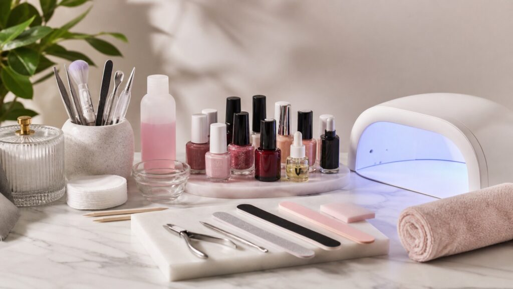 Unbranded editorial arrangement illustrating At-Home Nail Systems Buying Guide for At-Home Manicures