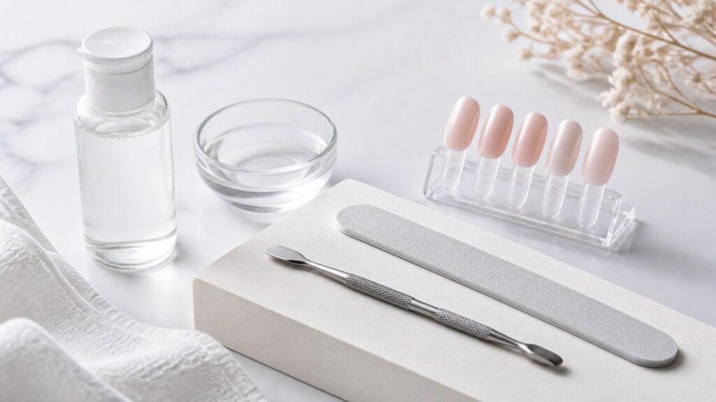 Unbranded editorial arrangement illustrating At-Home Nail Systems Buying Guide for Nail Prep