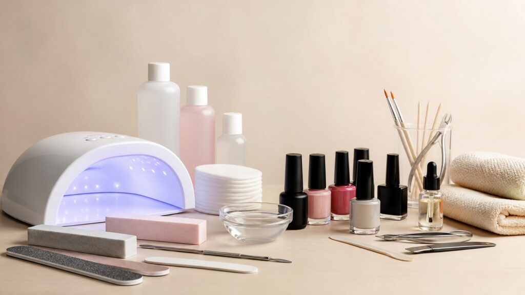 Unbranded editorial arrangement illustrating At-Home Nail Systems Buying Guide: How to Choose the Right One
