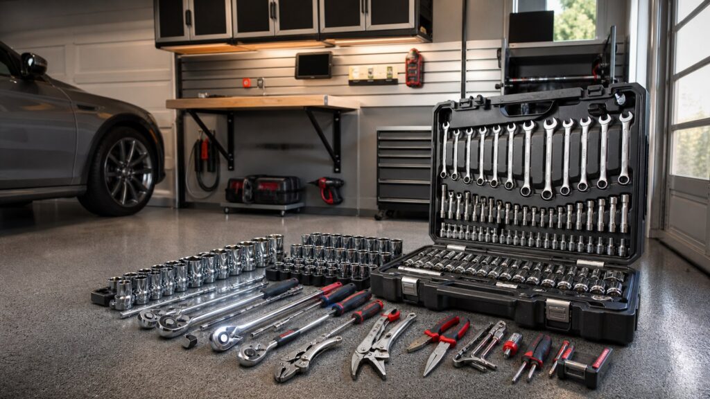 automotive tool sets shopping setup for space-saving garage setups with practical vehicle-focused details