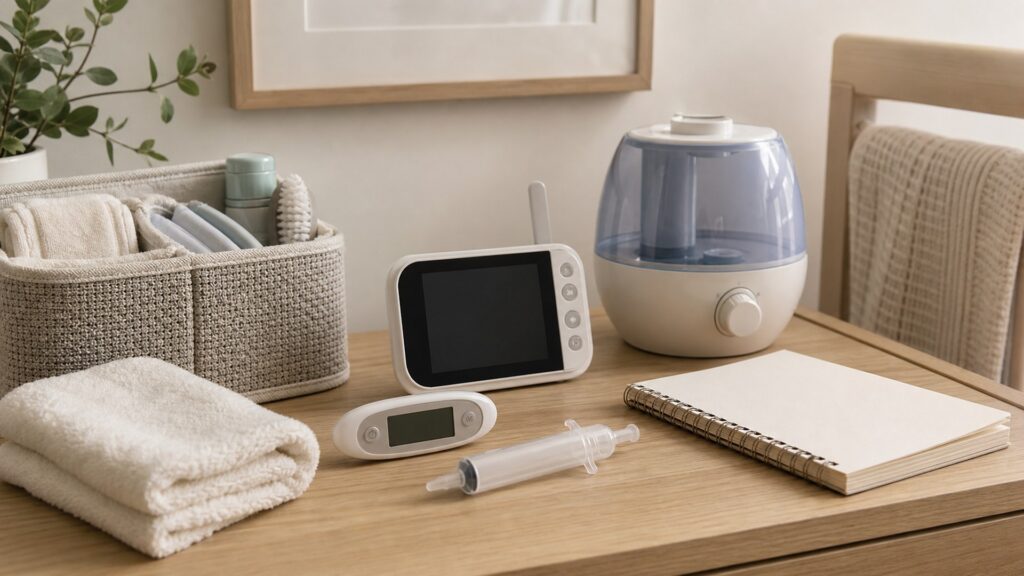 generic baby health devices with thermometer, nasal aspirator, humidifier, blank baby monitor, storage basket, and notebook
