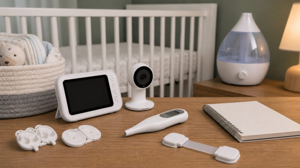 generic baby health devices with thermometer, nasal aspirator, humidifier, blank baby monitor, storage basket, and notebook