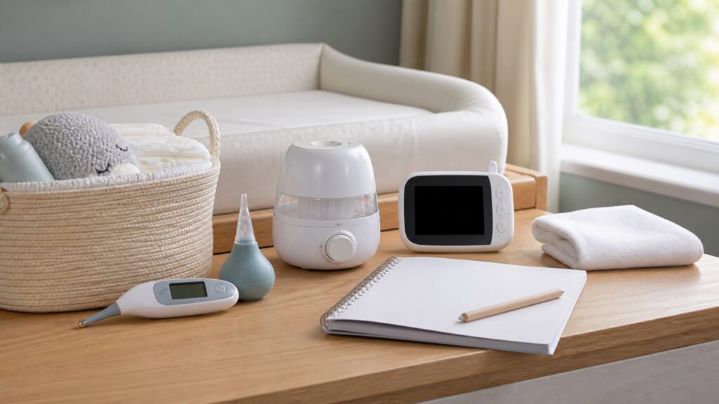 generic baby health devices with thermometer, nasal aspirator, humidifier, blank baby monitor, storage basket, and notebook