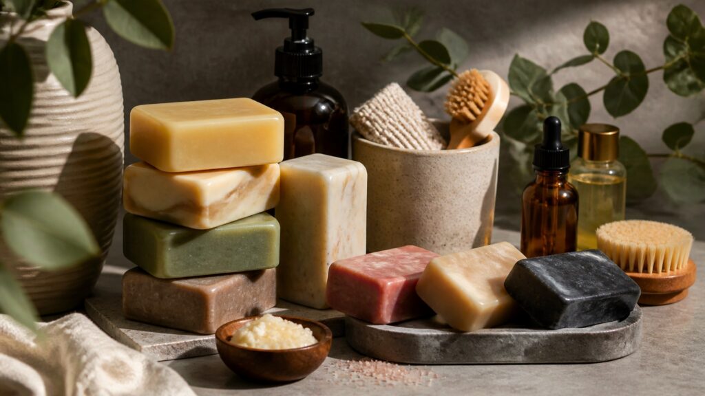 Unbranded bar soap arranged for a scent and formula preferences buying guide