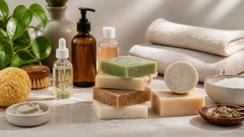 Unbranded bar soap arranged for a skin type and texture needs buying guide