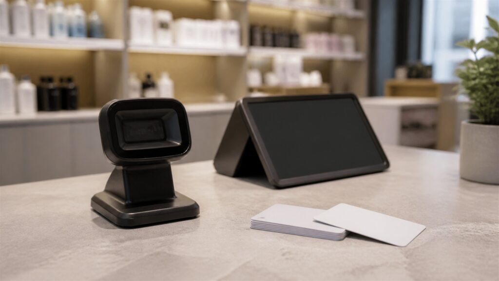 retail operations staff evaluating unbranded barcode scanners, plain labels, and workflow equipment for a customer-facing spaces buying decision