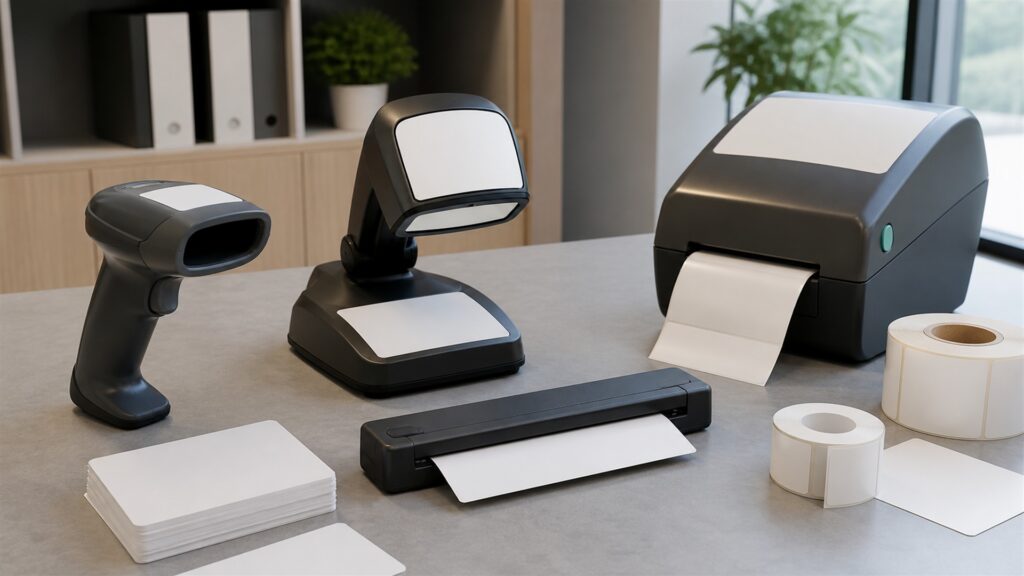 retail operations staff evaluating unbranded barcode scanners, plain labels, and workflow equipment for a barcode equipment selection buying decision