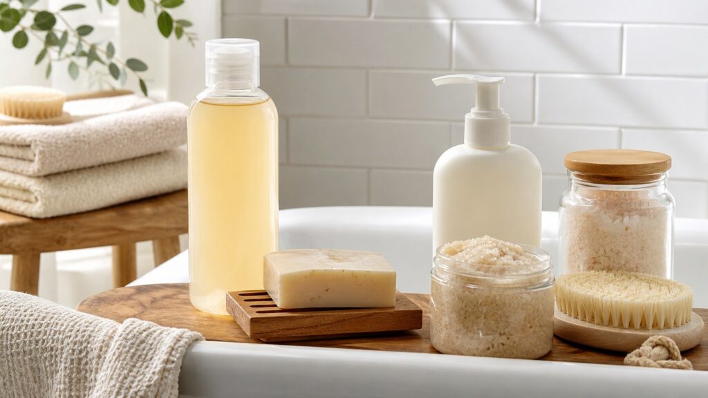 unbranded products arranged for cleansing and moisturizing the body without turning the routine into clutter