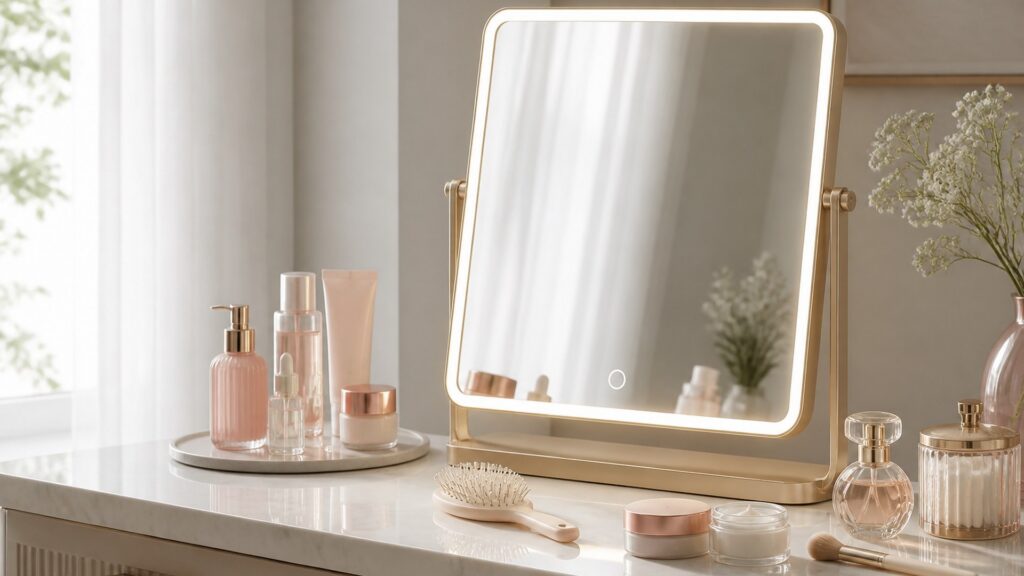 Unbranded editorial arrangement for beauty mirrors for daily routines