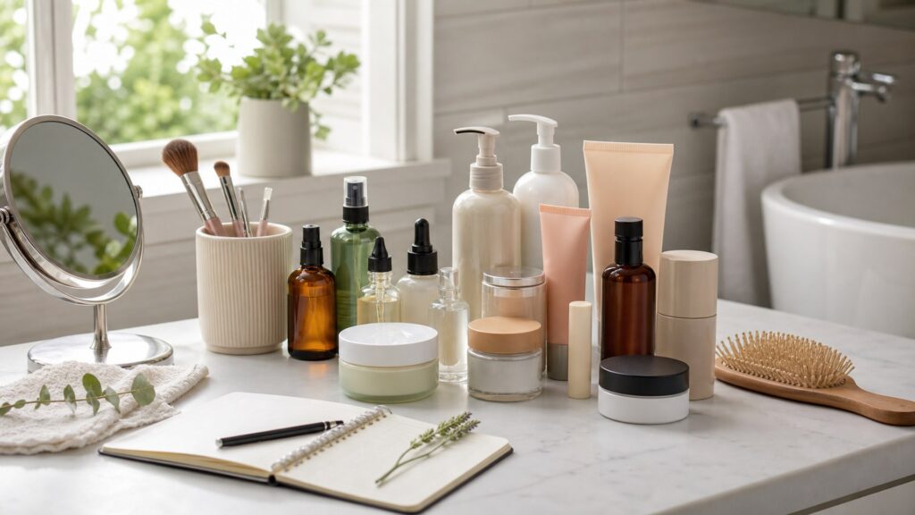 unbranded products arranged for a mixed beauty routine