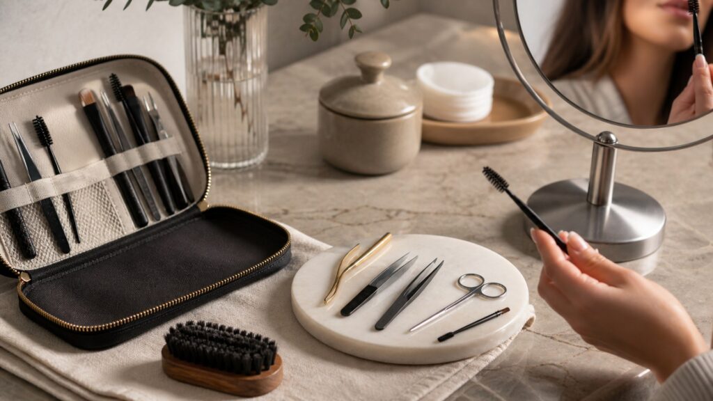 unbranded beauty tools & accessories arranged for brow grooming
