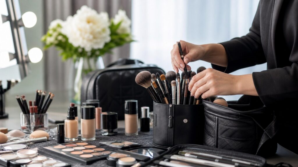 unbranded beauty tools & accessories arranged for professional makeup artists