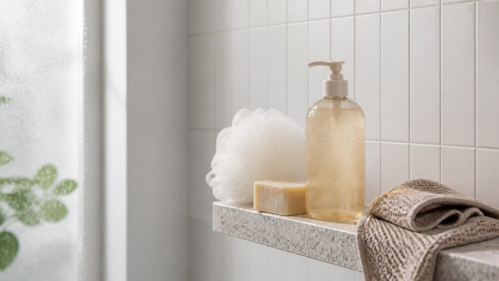 Unbranded editorial arrangement for body cleanser for daily showers