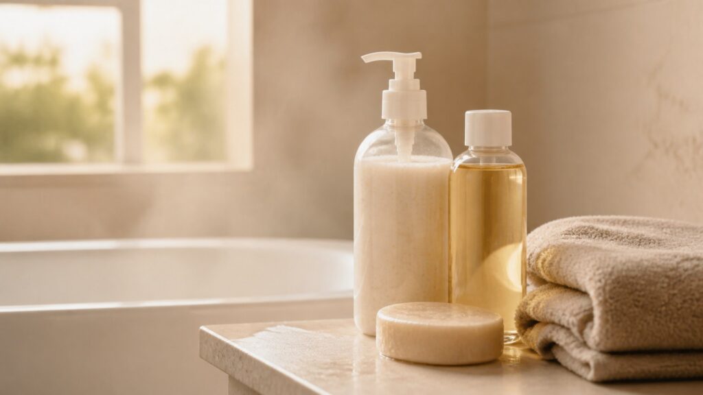 Unbranded editorial arrangement for body cleanser for dry skin