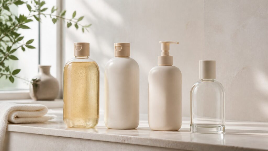 Unbranded editorial arrangement for body cleanser for fragrance layering