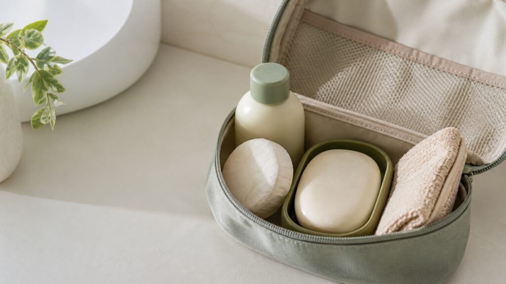 Unbranded editorial arrangement for body cleanser for travel kits
