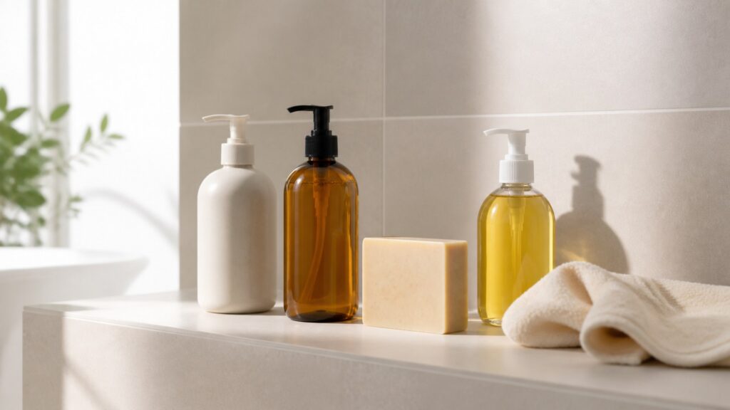 Unbranded editorial arrangement for body cleanser for choosing the right one
