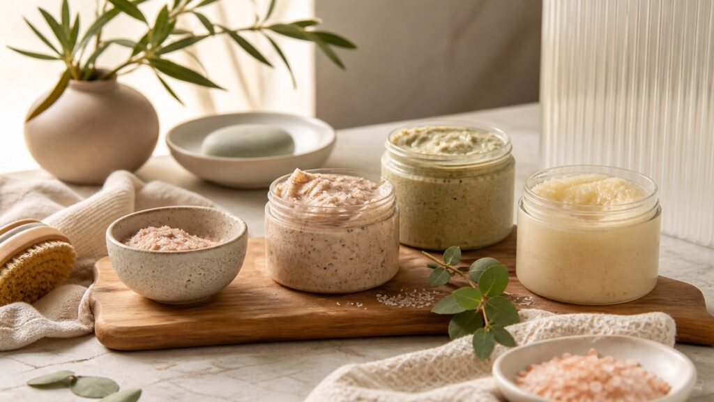 Unbranded body exfoliating treatments arranged for a scent and formula preferences buying guide