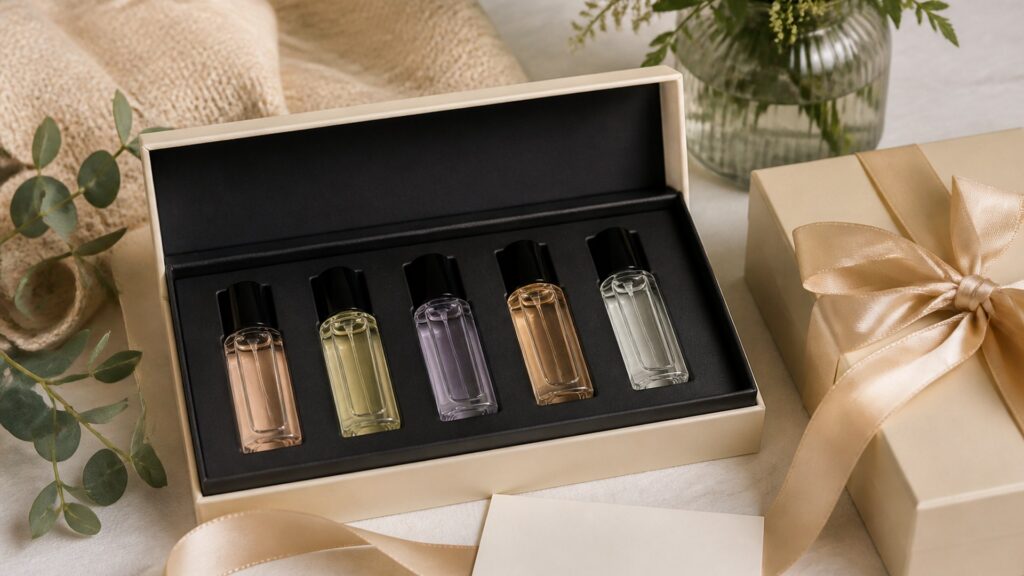 Unbranded editorial arrangement illustrating Body Fragrance Buying Guide for Gift Shopping
