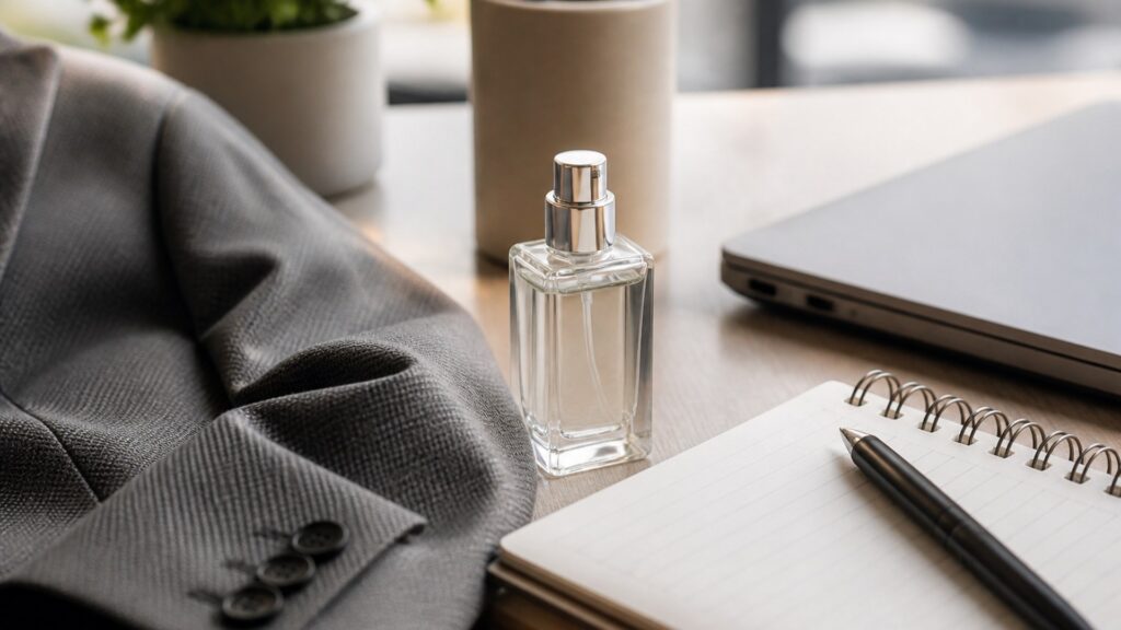Unbranded editorial arrangement illustrating Body Fragrance Buying Guide for Office Settings