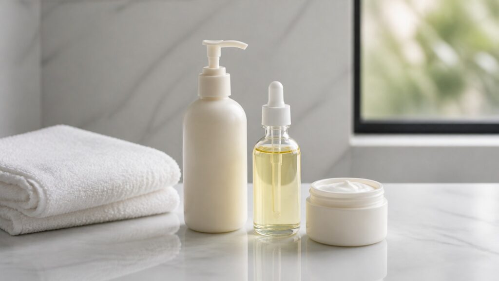 Unbranded editorial arrangement for body moisturizer for daily showers