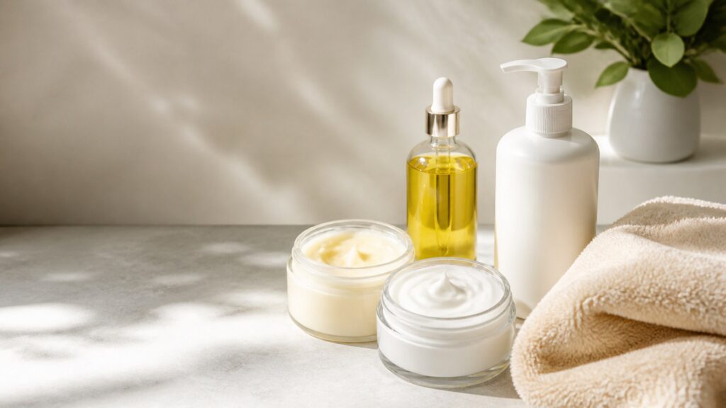 Unbranded editorial arrangement for body moisturizer for dry skin