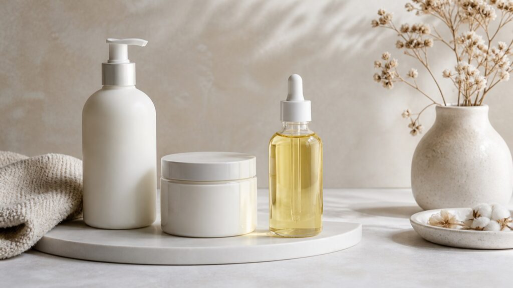Unbranded editorial arrangement for body moisturizer for fragrance layering