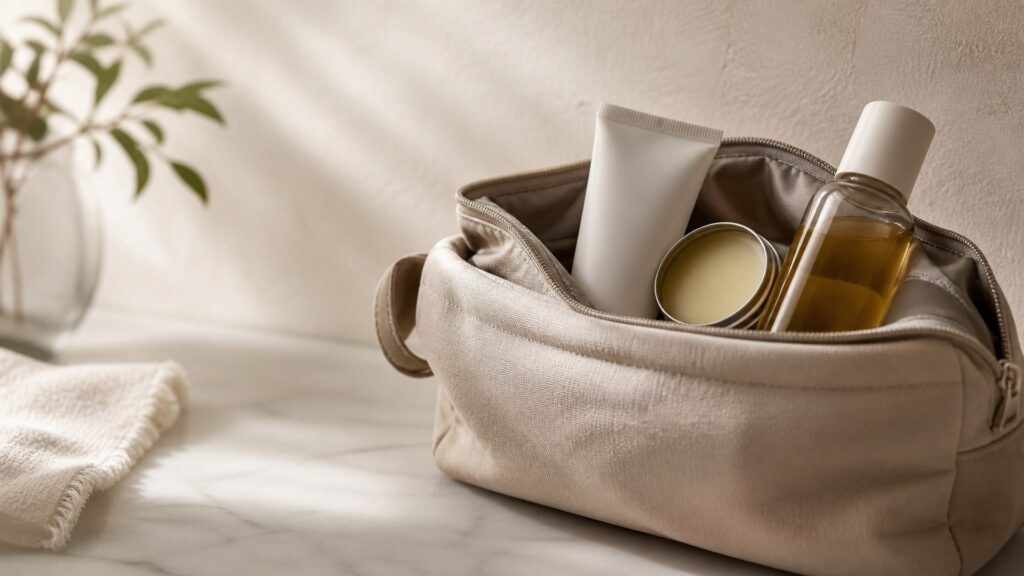 Unbranded editorial arrangement for body moisturizer for travel kits