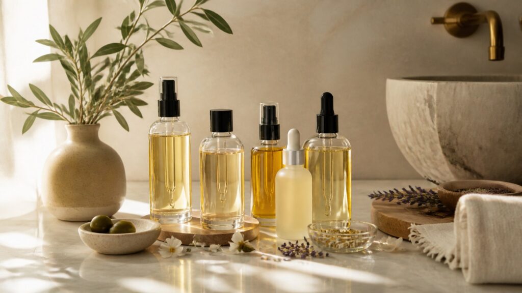 Unbranded body oil arranged for a scent and formula preferences buying guide