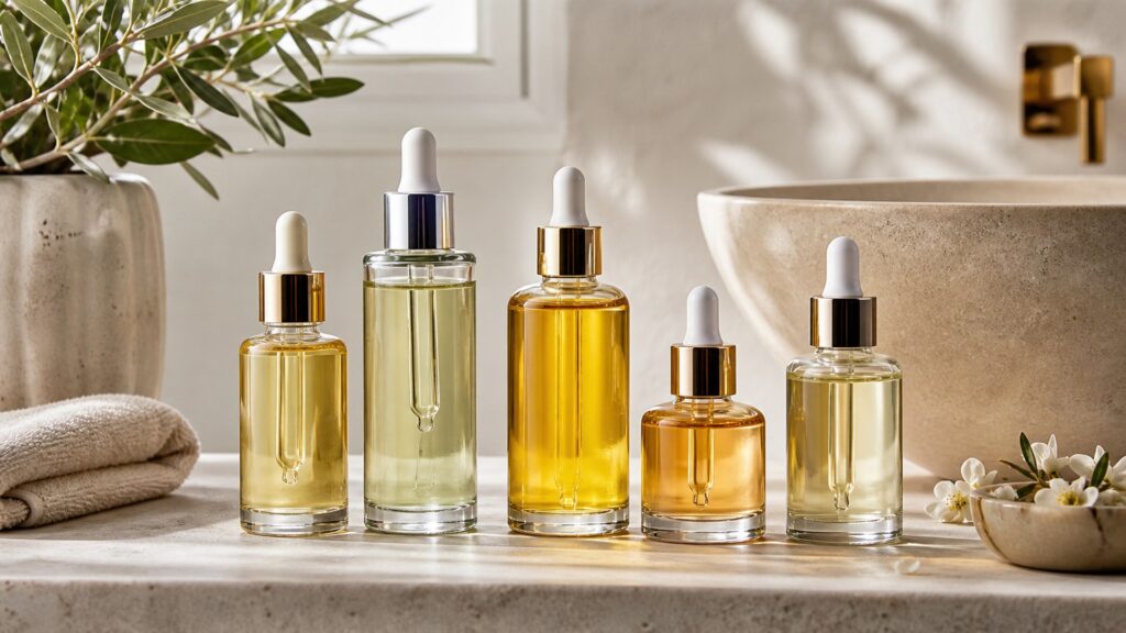 Unbranded body oil arranged for a skin type and texture needs buying guide