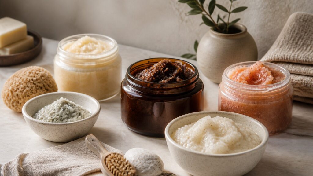 Unbranded body scrubs arranged for a skin type and texture needs buying guide