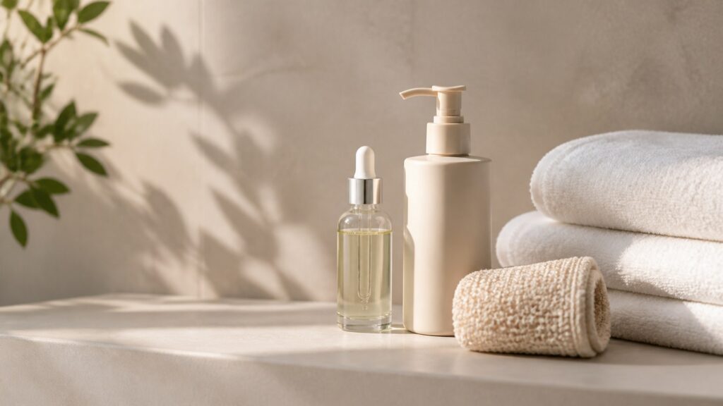 Unbranded editorial arrangement for body treatment for daily showers