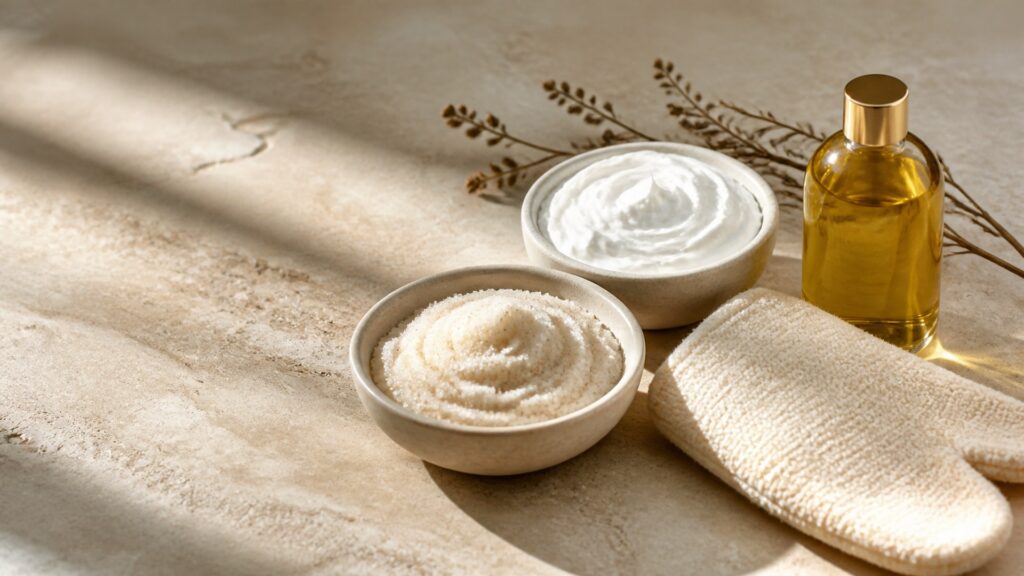 Unbranded editorial arrangement for body treatment for dry skin
