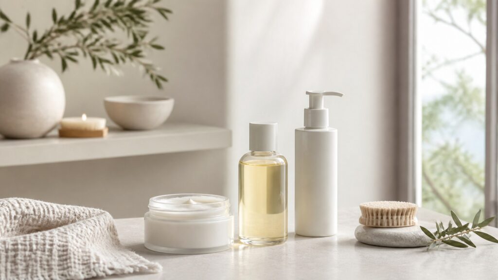 Unbranded editorial arrangement for body treatment for fragrance layering