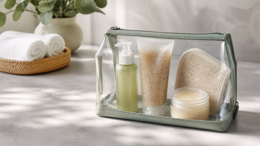 Unbranded editorial arrangement for body treatment for travel kits