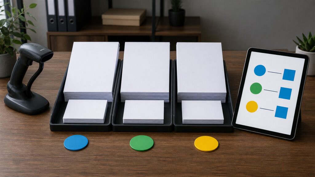 bookkeeper and owner reviewing unbranded receipts, transaction cards, and monthly close checklist for a invoice workflows buying decision