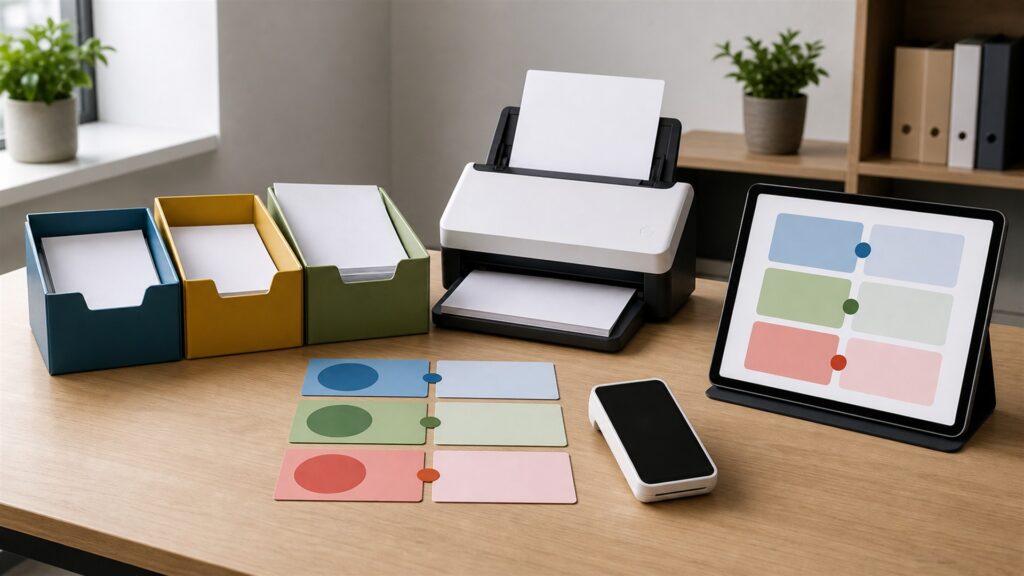 bookkeeper and owner reviewing unbranded receipts, transaction cards, and monthly close checklist for a small businesses buying decision