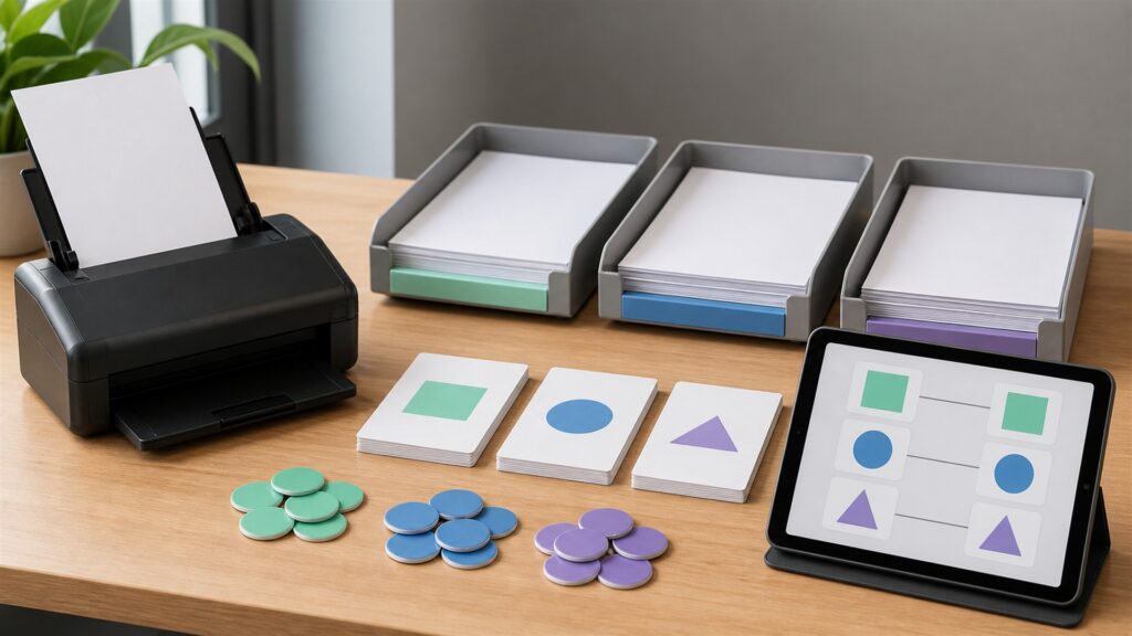 bookkeeper and owner reviewing unbranded receipts, transaction cards, and monthly close checklist for a bookkeeping selection buying decision